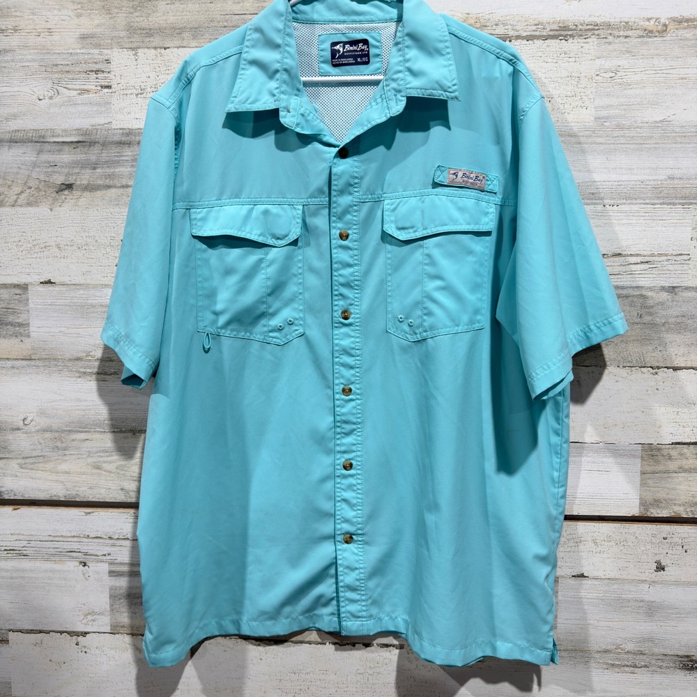 Bimini Bay Fishing Shirt Men XL Blue Short Sleeve Vented Performance *Flawed
